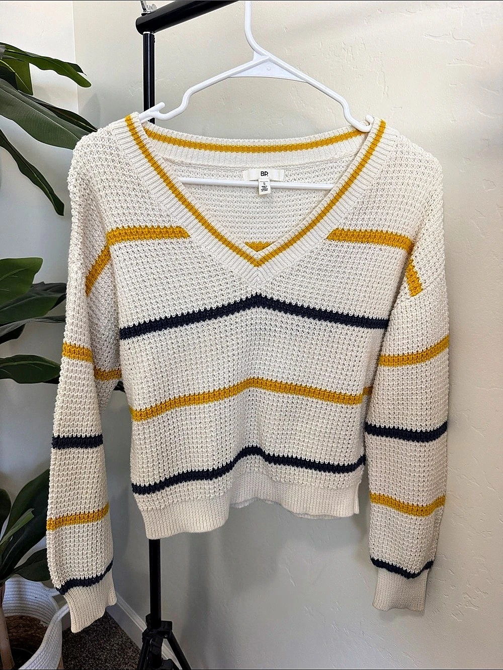 BP. Striped V-Neck Sweater in Cream & Yellow Like New
